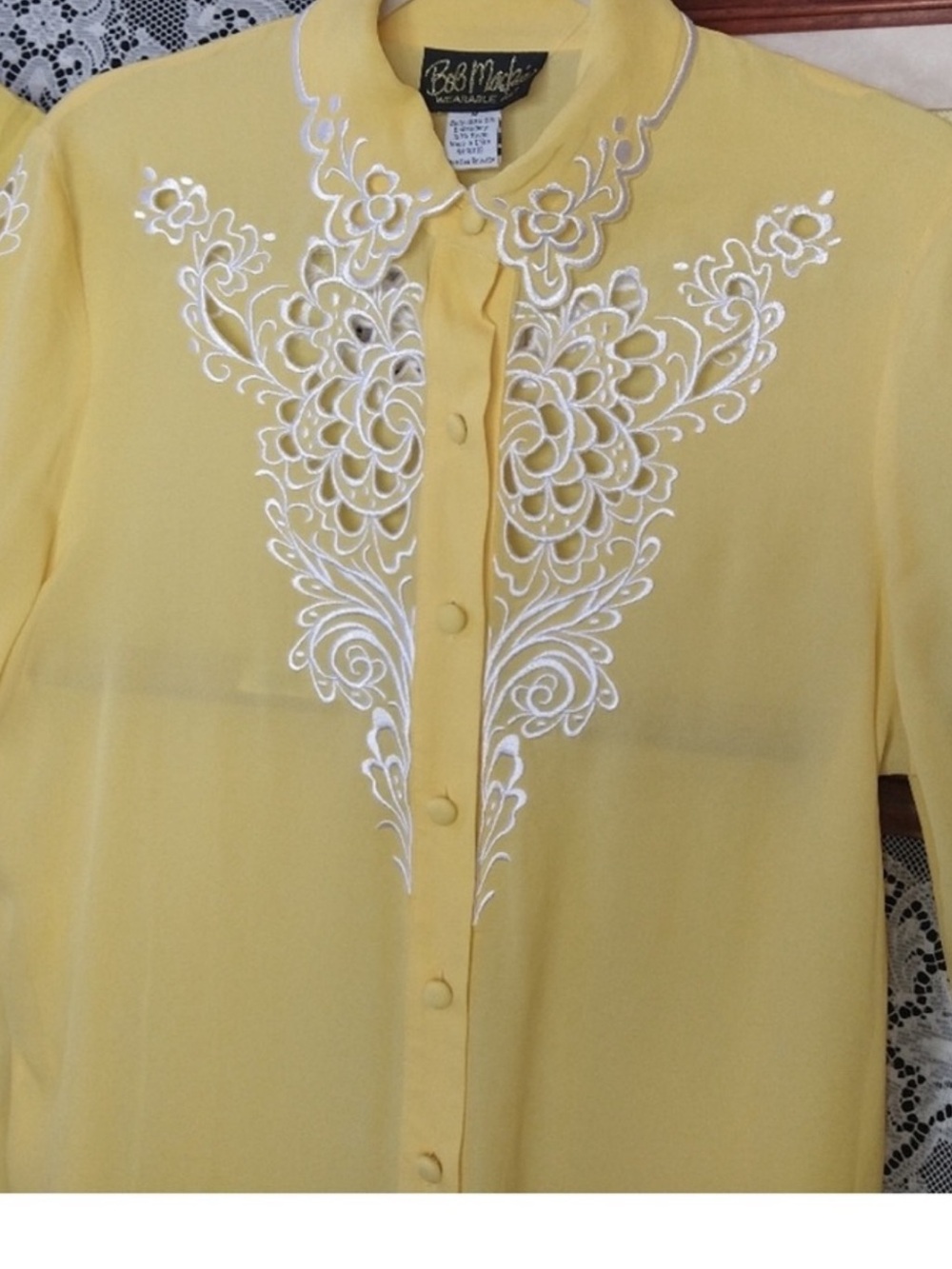 Bob Mackie Yellow Button-Front Shirt with White Floral Embroidery